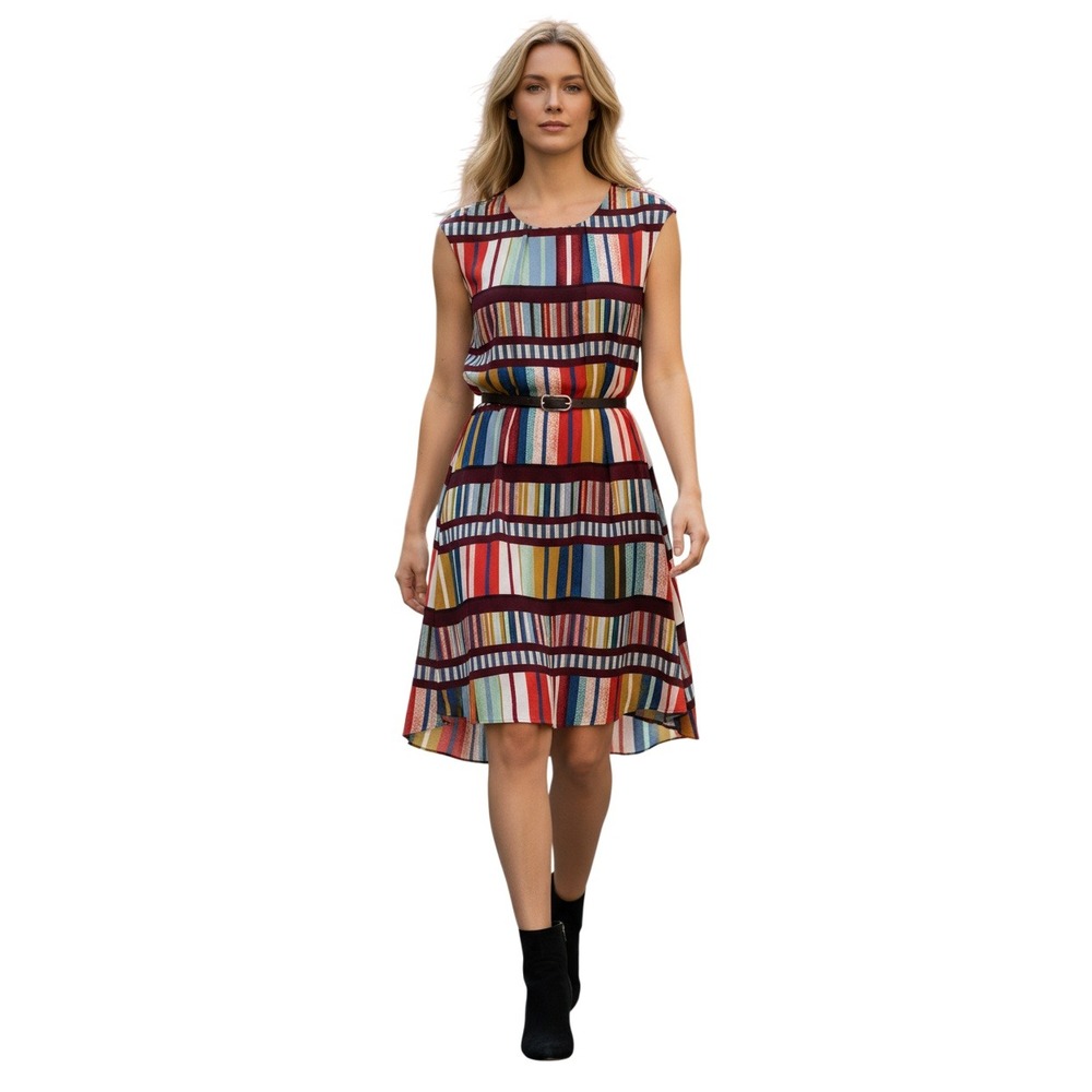 Maeve Anthropologie Colorful REtro Striped Sleeveless Shift Dress High Low S